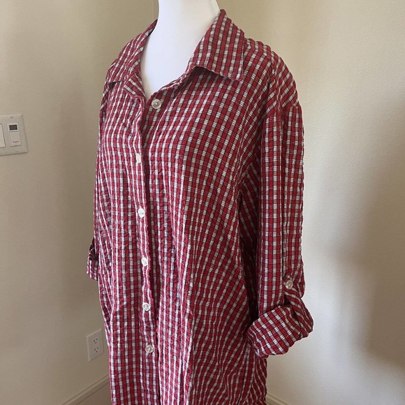 Vtg Lady Lori Womens Red Plaid Tunic Top Sz XL Lagenlook Button Up Lumberjack - Picture 4 of 15